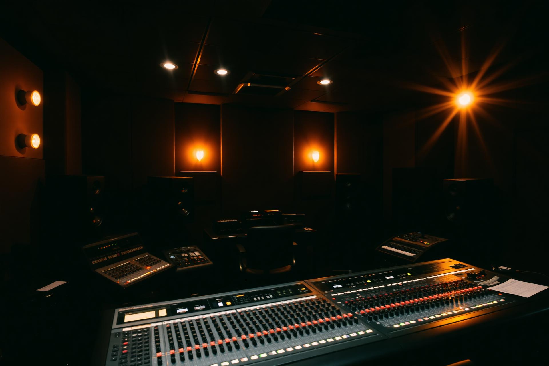 Dark studio control room with warm gold lighting