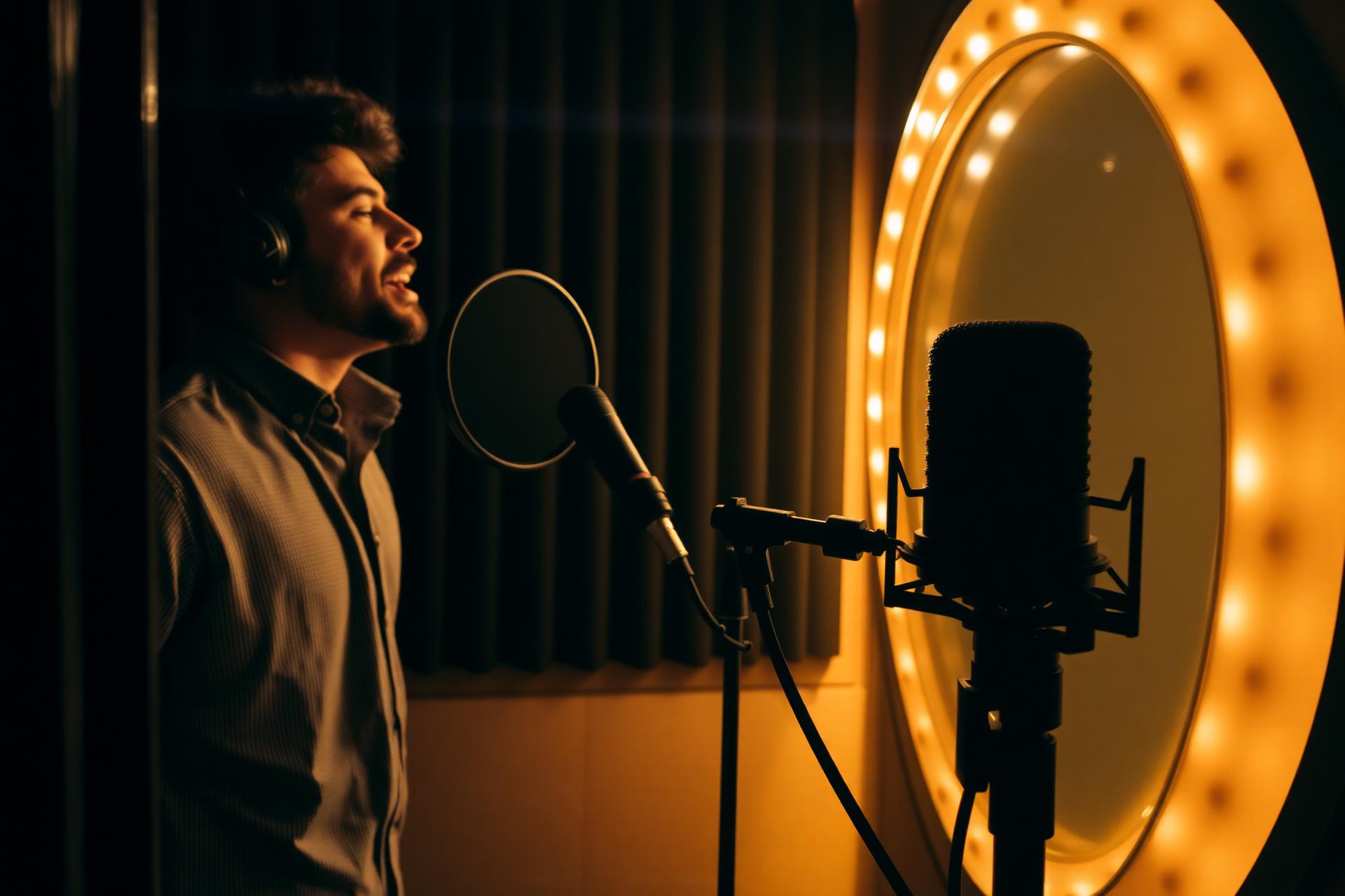 Vocalist recording in a studio booth