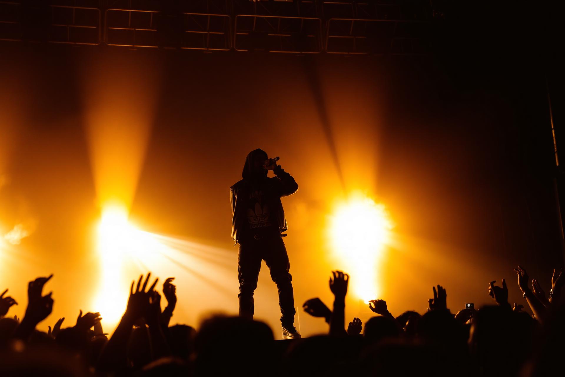 Artist performing live under stage lights